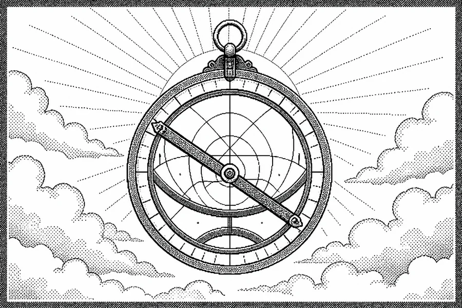 A MacPaint astrolabe silhouetted against the daytime sun.