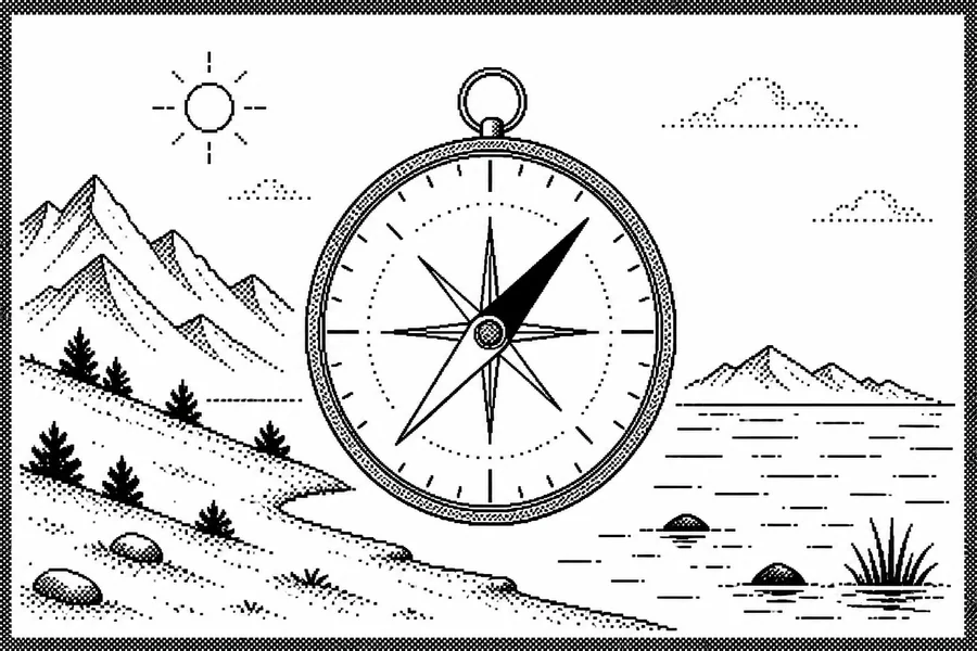 A MacPaint compass between simple mountains and water in daylight.