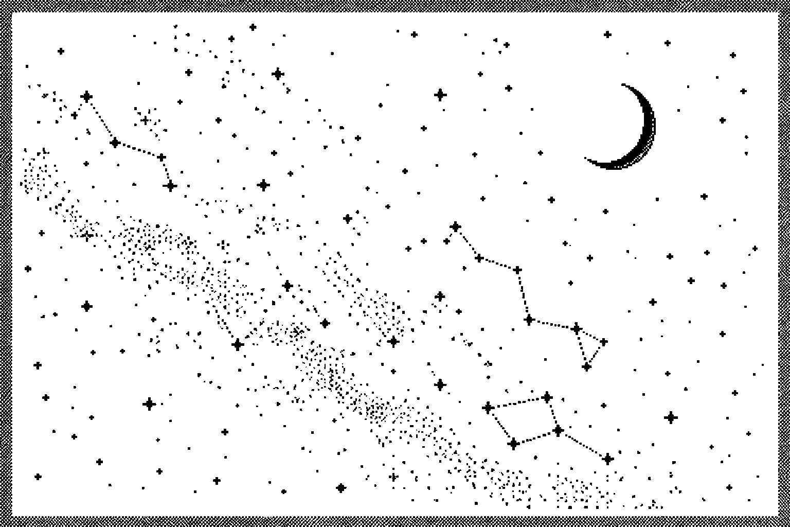 A quiet MacPaint star field with constellations and a crescent moon.
