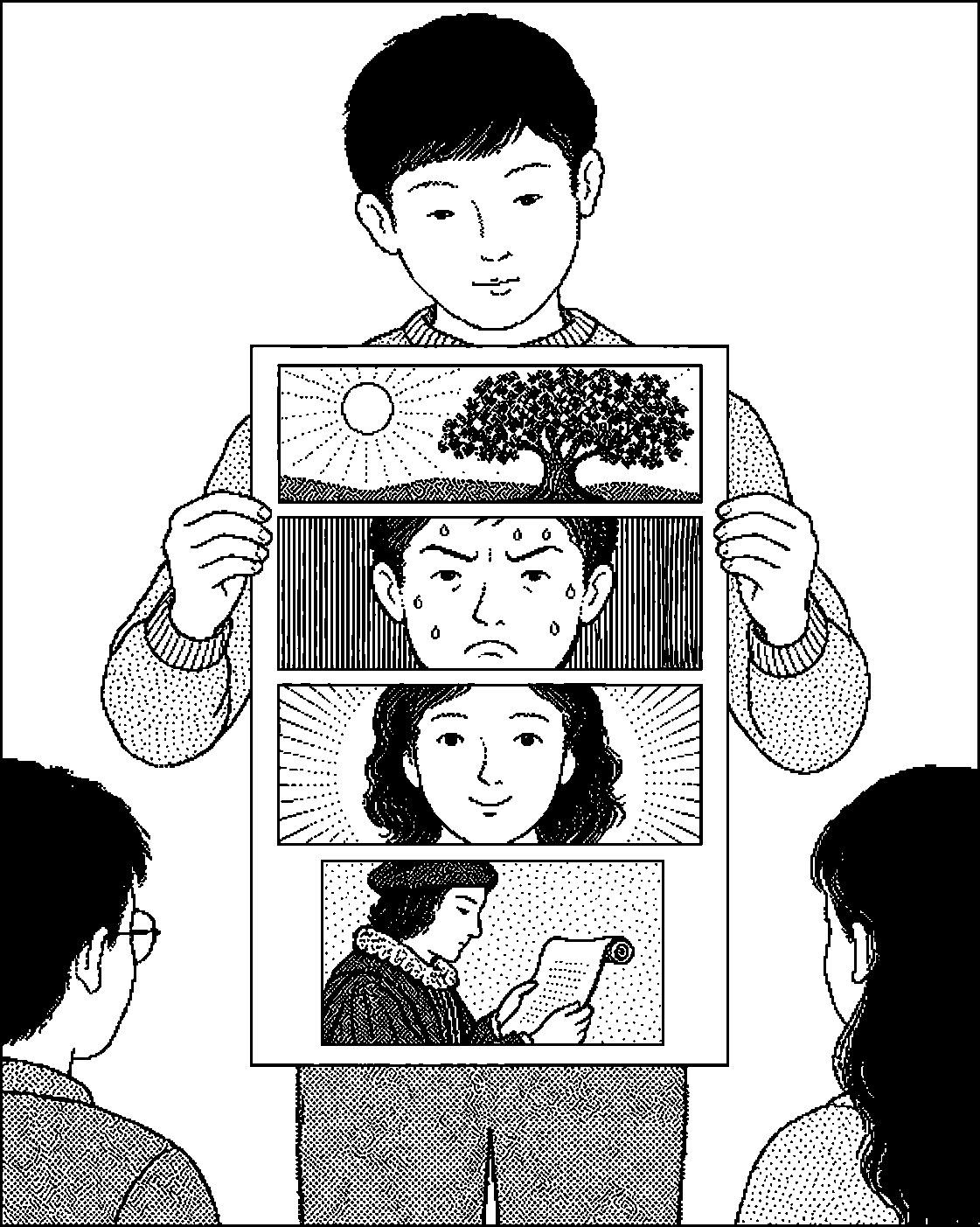 A student shows a vertical Map artwork with three quatrain panels and a shorter indented couplet panel.